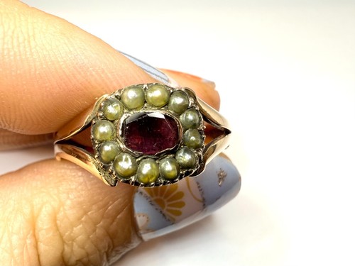 Antique 9ct Rose Gold Oval Garnet Pearl Cluster Georgian Ring 'JJG' Size V - Picture 3 of 14