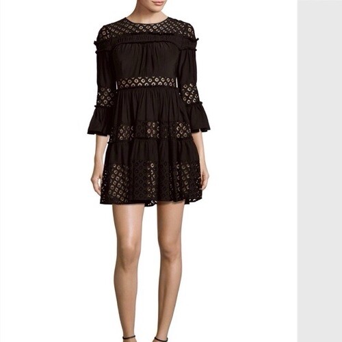 Cinq a Sept Octavia Smocked Black Mini Dress Eyelet Size 6