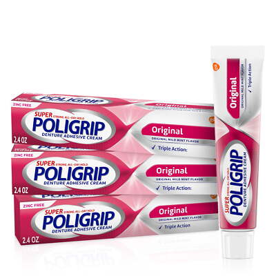 Super Poligrip Original Denture and Partials Adhesive Cream, 3 pack, for Adults
