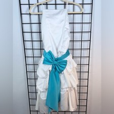 David's Bridal Flower Girl Satin Pick-up Ballgown Dress Girls 5 White Turquoise