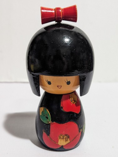 Bambola Kokeshi vintage 5" in legno dipinta a mano ragazza giapponese con fiocco - Giappone asiatico - Foto 8 di 8