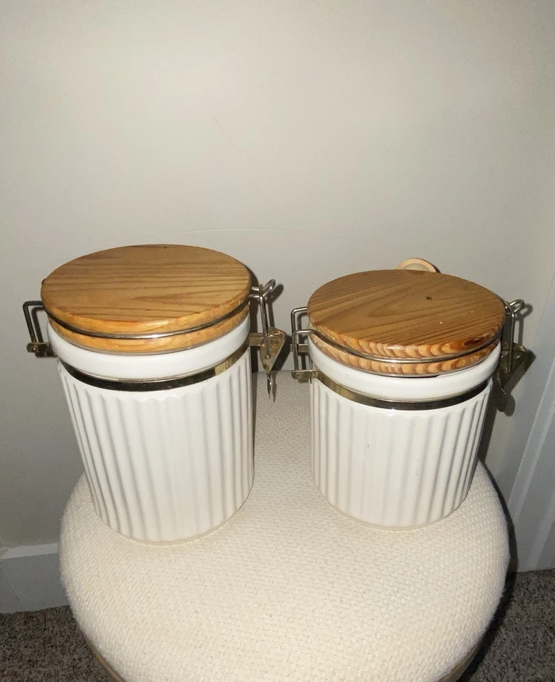 2 Cute Antique Jars For Your Kitchen With Wooden Spoons White+Gold Hardware - Image 3 of 4