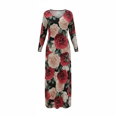 Langes tailliertes Kleid Madeleine dunkel Gothic rot rosa Rosenmuster Größe M