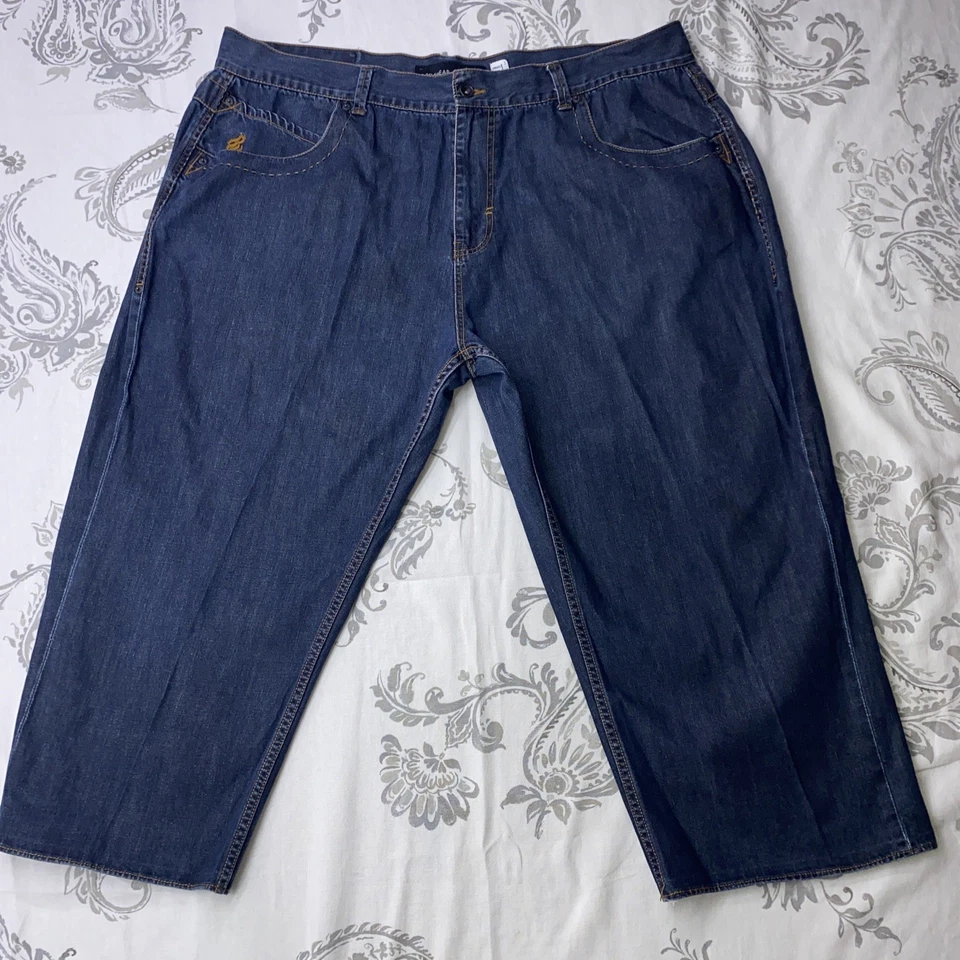 Jeans vintage Rocawear hip hop Y2 45X23 bolsos bordados largos jeans azul - Imagem 2 de 4
