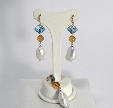 PARURE ORO 18 kt TOPAZIO AZZURRO CITRINO PERLE BAROCCHE 12 mm    OGFR 0102