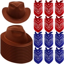 24 Pcs Western Cowboy Party Hats with Bandanas,Brown, Red, Blue