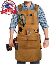 Heavy Duty Canvas Work Apron Woodworking Shop Bib Tool Pockets Adjustable Khaki