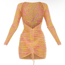 Prettylittlething Yellow Animal Mesh Ruched Dress size 8 swimsuit coverup