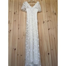 NWOT Lulus Safiya White Sequin Flutter Sleeve Maxi Dress Wedding Bridal Bride M