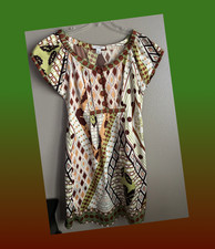 🟥 olive green & brown geometric Print sheath Dress Sz 14 DressBarn short sleeve