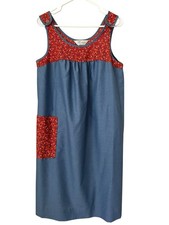 VTG Komar House Dress Sz M Blue Red Floral Pocket 70s Country Nightgown Muumuu