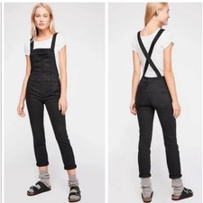 Free People Women  s Black Denim Overalls Size 29 One Piece Pull On Pockets Chic