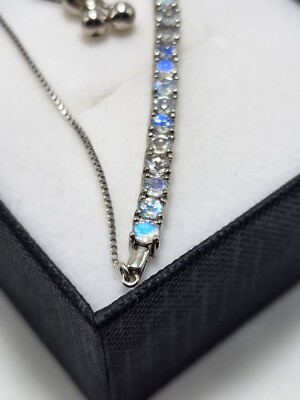 Natural Blue Moonstone Bracelet   Solid 925 Sterling Silver Adjustable