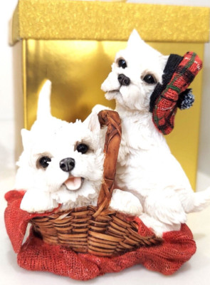 White Terrier Figurine Puppies in Basket w/ Gift Box ADORABLE!