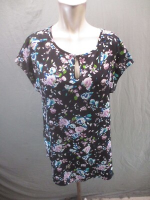 Halogen Size S Women Floral Front Keyhole Short Sleeve Stretch Summer Blouse 722