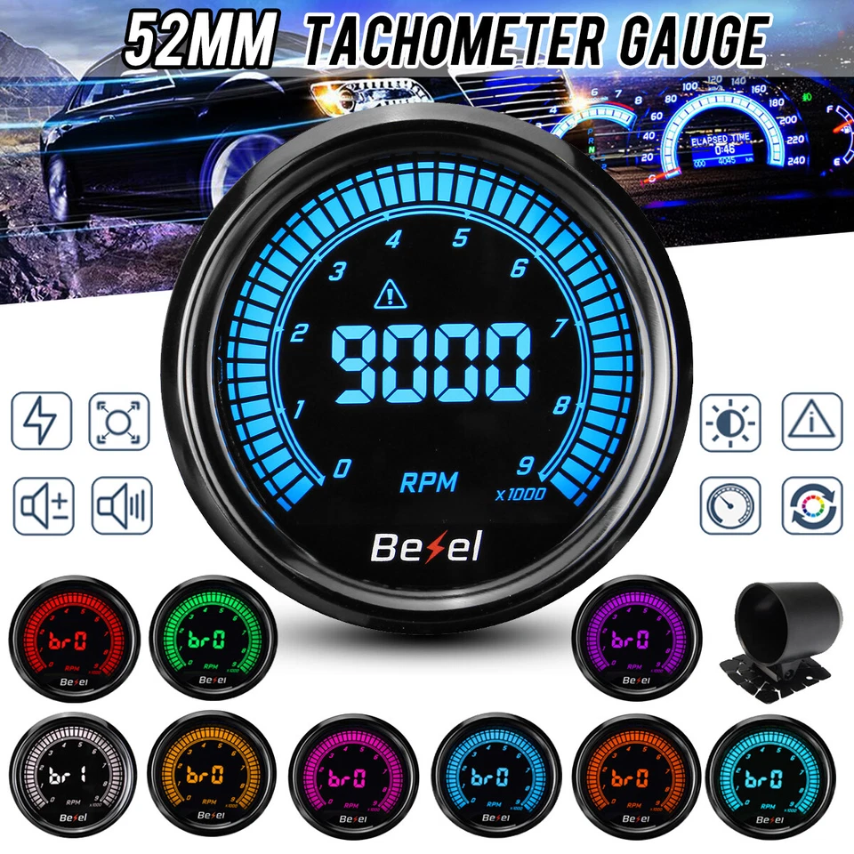 Velocímetro universal de 2"" 52 mm velocímetro medidor digital pantalla LED 0-9000 RPM Foto 2 de 4
