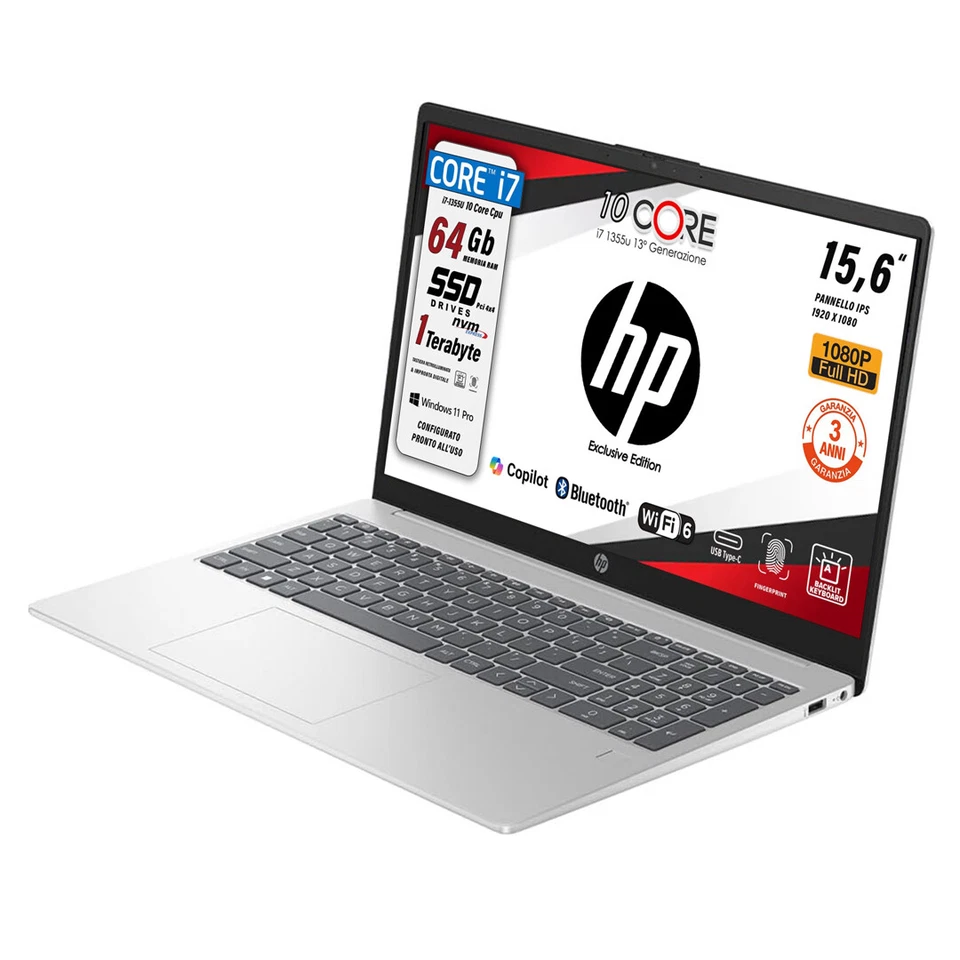 HP 250 G10 Intel i7 1355U SSD 1TB RAM 64GB 15,6" FullHD Win11 Pro Retro Fing