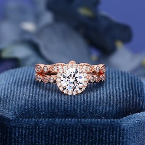 Authentic 14K rose gold plated 8mm round moissanite unique halo bridal wedding ring set