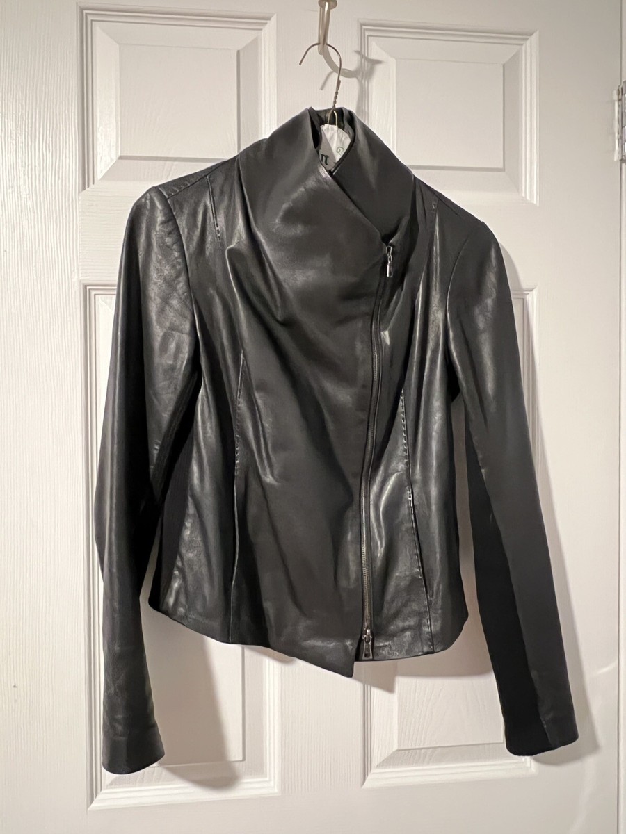 VINCE Women Soft Paper Leather Scuba Moto Jacket Asymmetrical Zip 