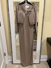 NWT Vintage BOB MACKIE B  Zar Taupe Beaded Evening Gown Dress w/ Jacket Size 12