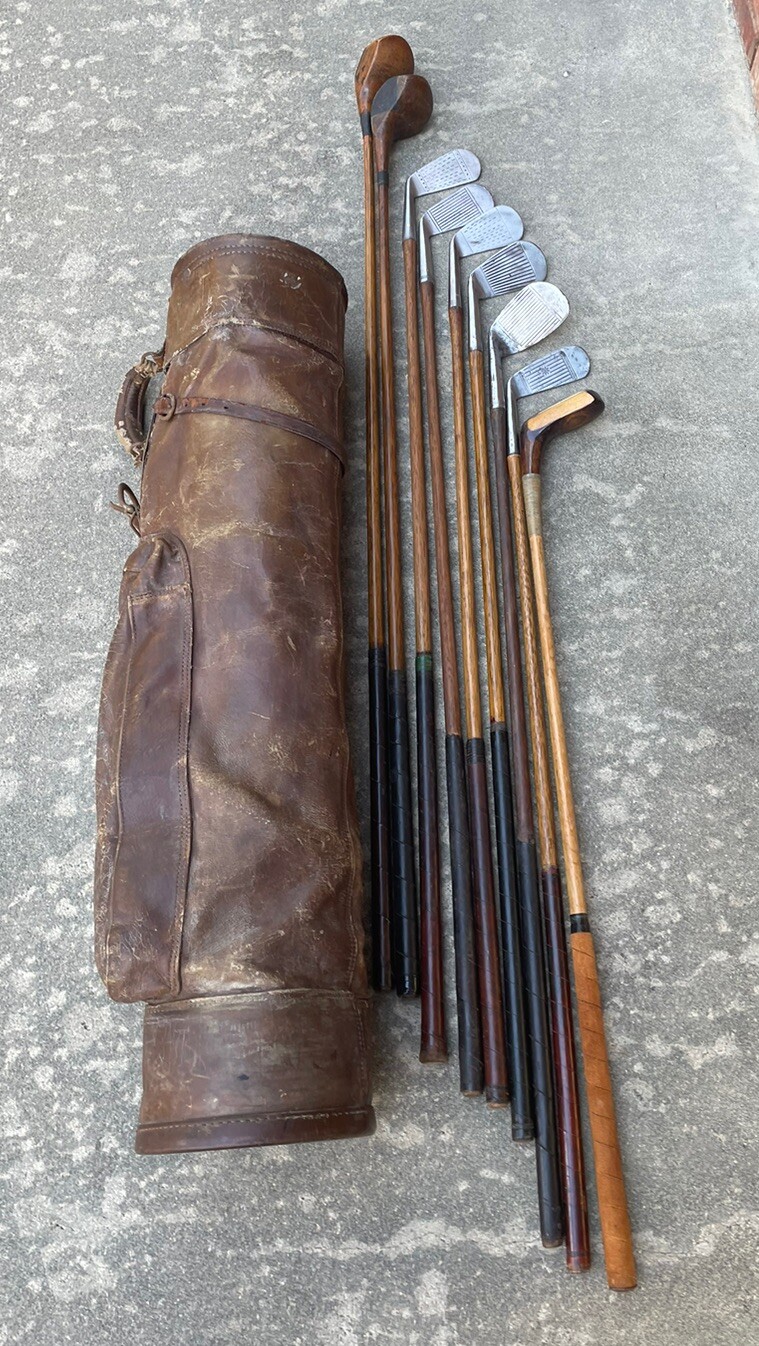 Antique hickory wood shaft Golf Clubs and Leather Golf Bag eBay