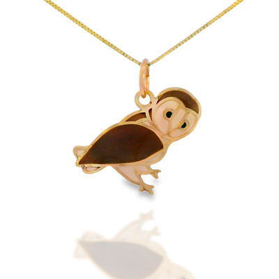14k Solid Gold Owl Bird Pendant Hand-Painted Necklace Chain, Animal Jewelry