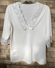 Vintage Shadowline White Nylon w/ Lace Pajama Top Shirt 3/4 Sleeve Size 34