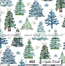 (452) TWO Paper LUNCHEON Decoupage Art Craft Napkins  CHRISTMAS TREES BLUE GREEN