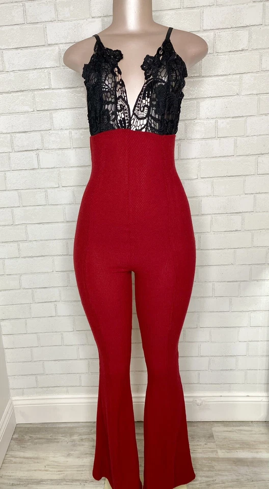 Nwt Leg Ave 红色黑色柔软舒适毛衣喇叭裤睡衣连体裤女式 — 第 3/4 张图片