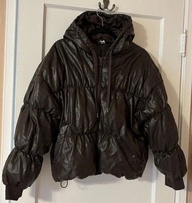 H&M - Brown Faux Leather Hooded Puffer Jacket Warm Zip Up w Cinch Waist M Women 