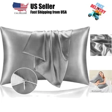 Satin Pillowcase with Zipper 2 Pack, Grey Pillow Cases Standard Size, Super S...