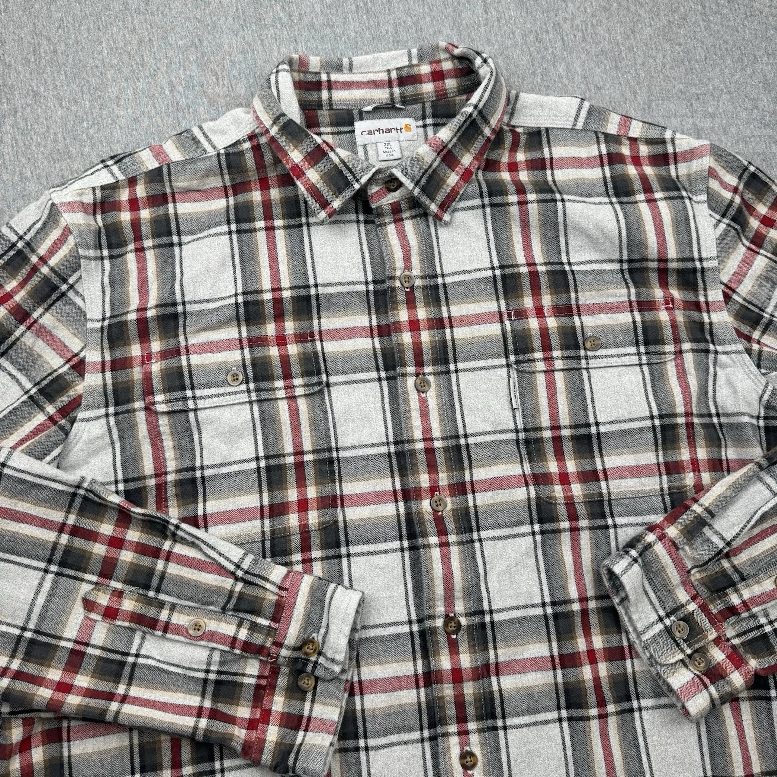 Carhartt Hubbard Flannel Mens Sz 2XLT Button Long Sleeve Shirt Plaid Work Gray