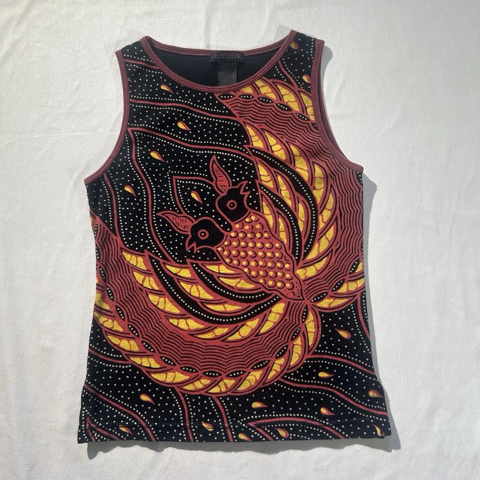 Camiseta sin mangas vintage Custo Barcelona para mujer mediana Y2K pavo real Hula Girl AOP roja Foto 4 de 4