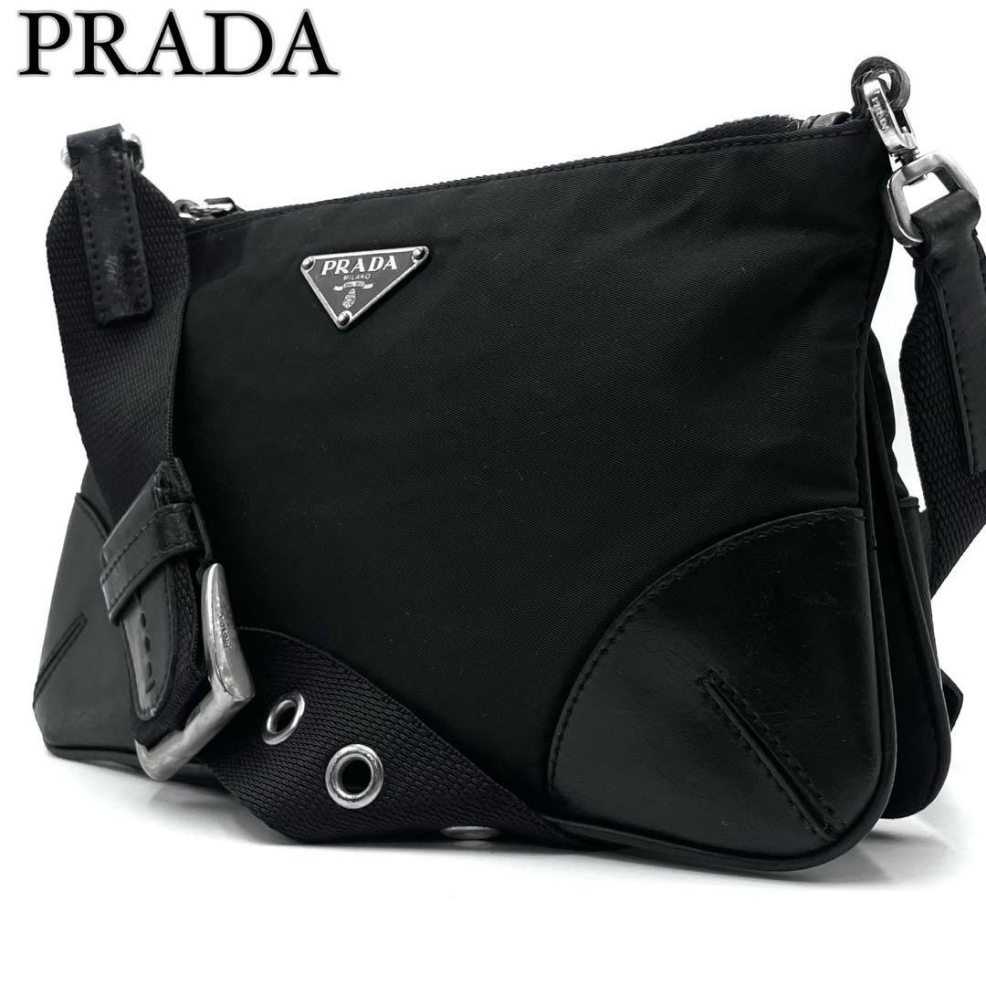 Prada Black Nylon Shoulder Bag with Triangle Logo White Tag
