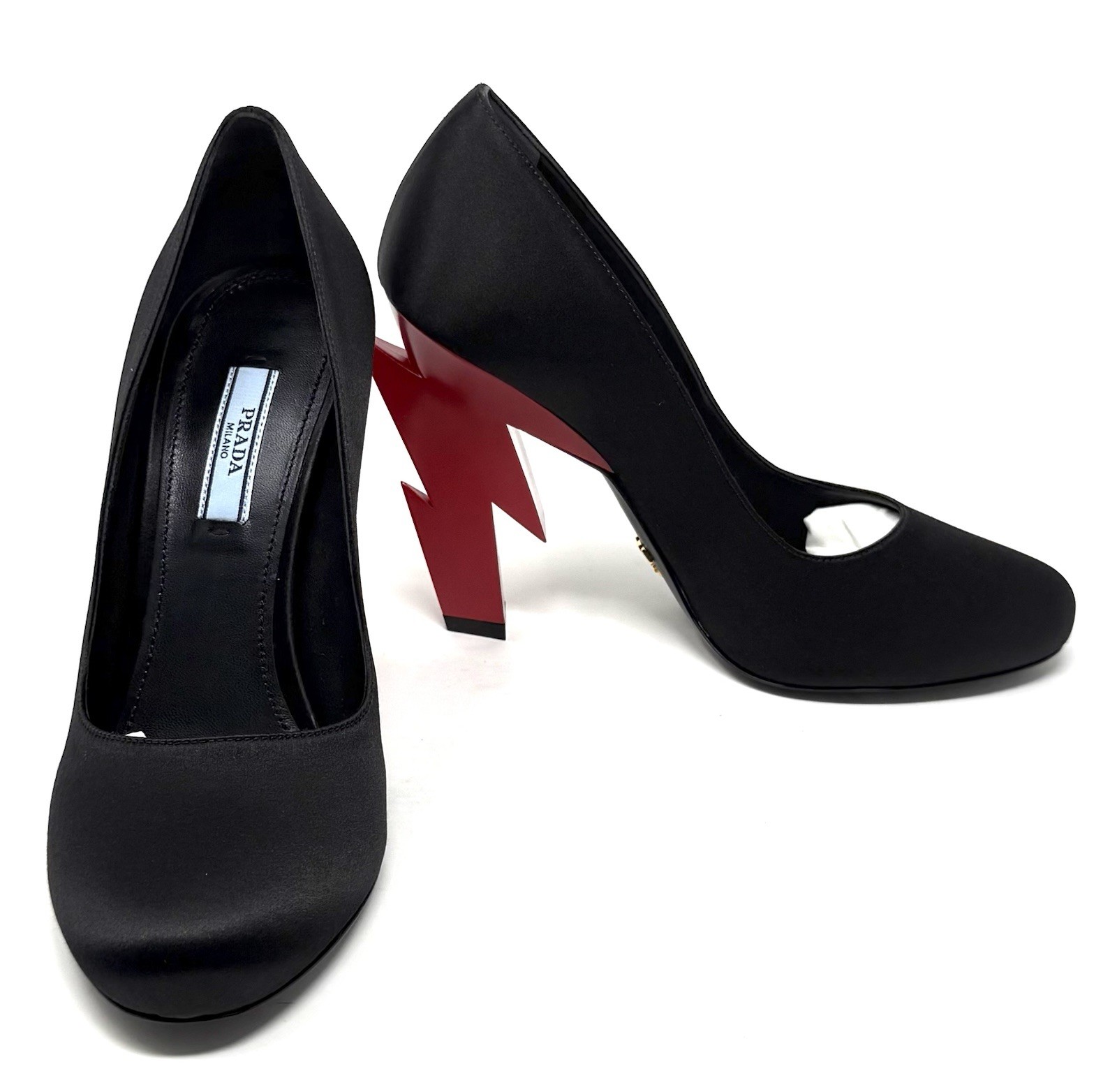 Prada Lighting Bolt Black Satin Pumps W Red Lighting-bolt Heel Size Eu 37 thumbnail 11