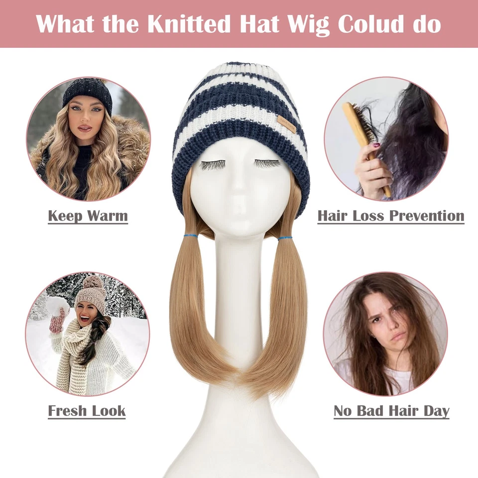 Short/Long Natural Knitted Hat Wig with Synthetic Hair Full Winter Wig for Women - Image 4 of 4