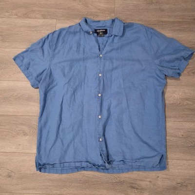 Chubbies Linen Blend Loop Collar Button Up Shirt Mens XL Blue Short Sleeve Beach