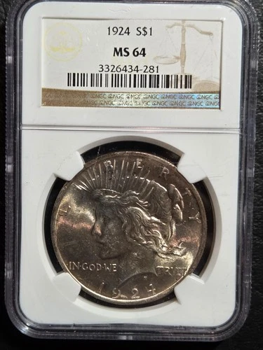 Beautiful 1924 Peace Silver Dollar NGC Graded MS 64