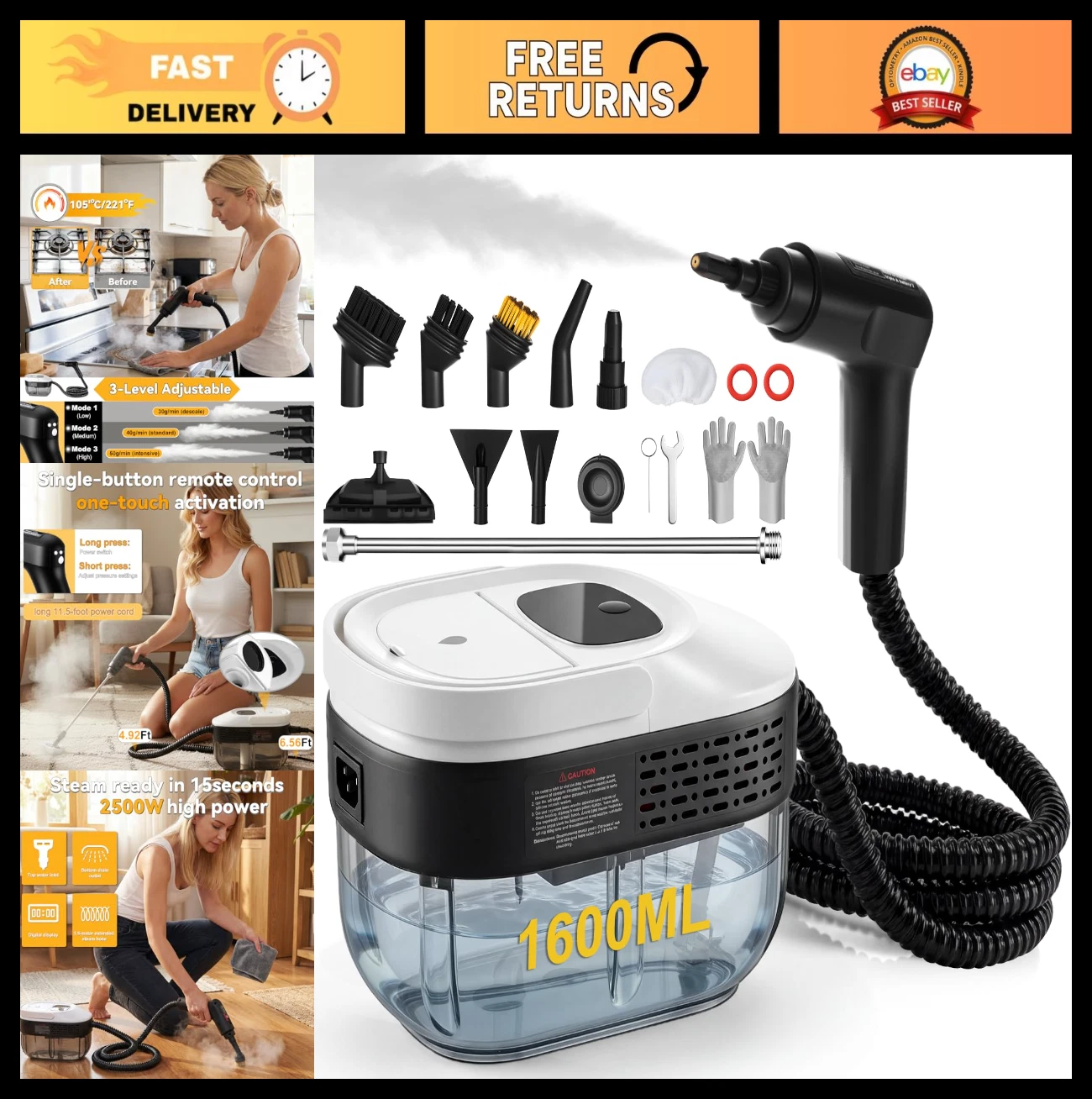 2500W Portable Handheld Steam Cleaner, 54oz Capacity, Fast Heating, 20 Accessori