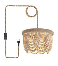 Plug in Chandelier Boho Woven Hemp Rope Wooden Beaded Farmhosue Hanging Penda...