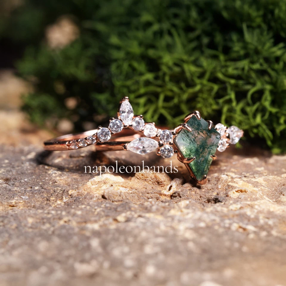 Помолвочное штабелируемое кольцо из розового золота 14 карат с зеленым мхом агатом огранки воздушный змей - Изображение 3 из 4