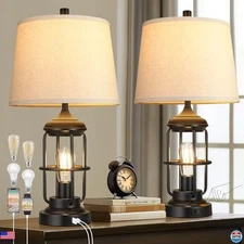 Qimh Set of 2 Rustic Industrial Table Lamps with USB Ports - 3-Way Dimmable