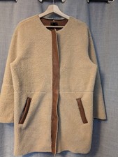Topshop Size 10 Beige Brown Boucle Teddy Jacket Coat Mid Length C17