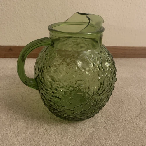 Anchor Hocking Ball Pitcher Lido Milano Avacado Glass 96 Oz W/Ice Lip Vtg MCM