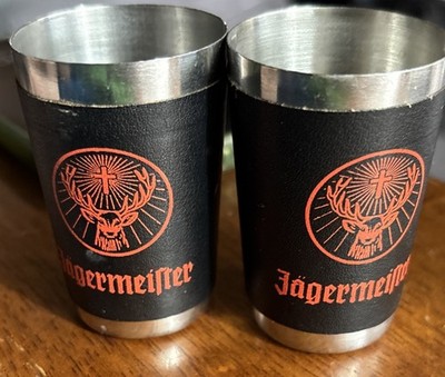 2 Jagermeister Shot Glasses Glass Stainless With Leather Barware