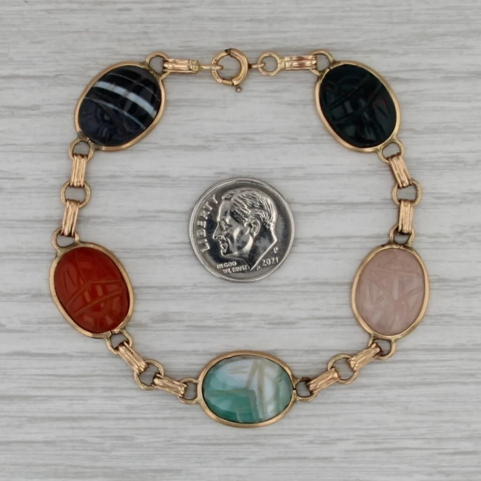Brazalete de piedra de escarabajo tallada vintage relleno de oro de 14k ágata de piedra de sangre de 6,75" Foto 4 de 4