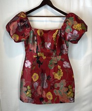 Lulus Red Jacquard Puff Sleeve Metallic Accents Mini Party Dress L