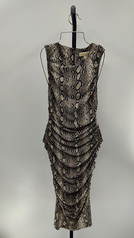 Michael Kors Printed Long Sleeve Ruched Midi Sheath Dress M