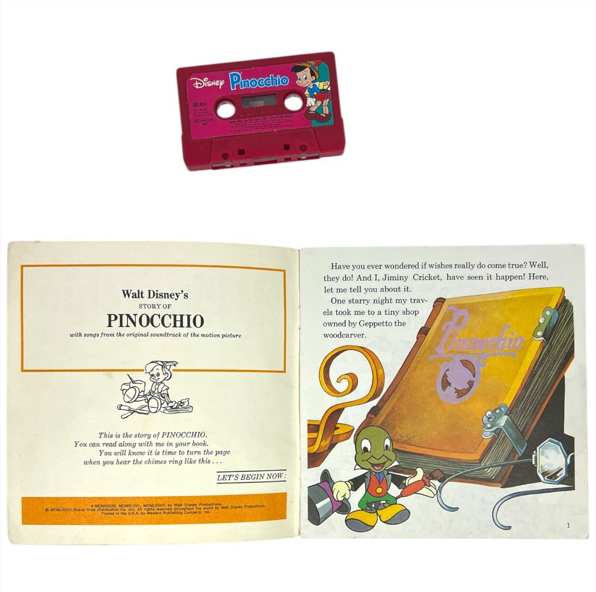 Disney Pinocchio Read Along Book & Cassette Tape Vintage 2 Book