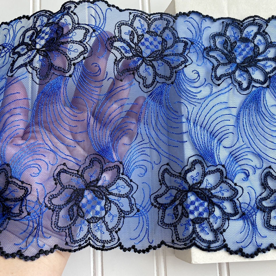 Borde de encaje de doble filo bordado azul real y negro/costura/artesanía/7,5" de ancho Foto 2 de 4